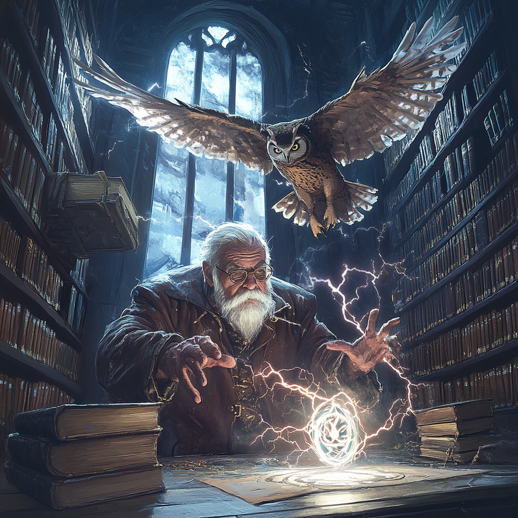 Library with lightning entering, magic sigil glowing, surprised magician, owl flying, magic sparks everywhere.