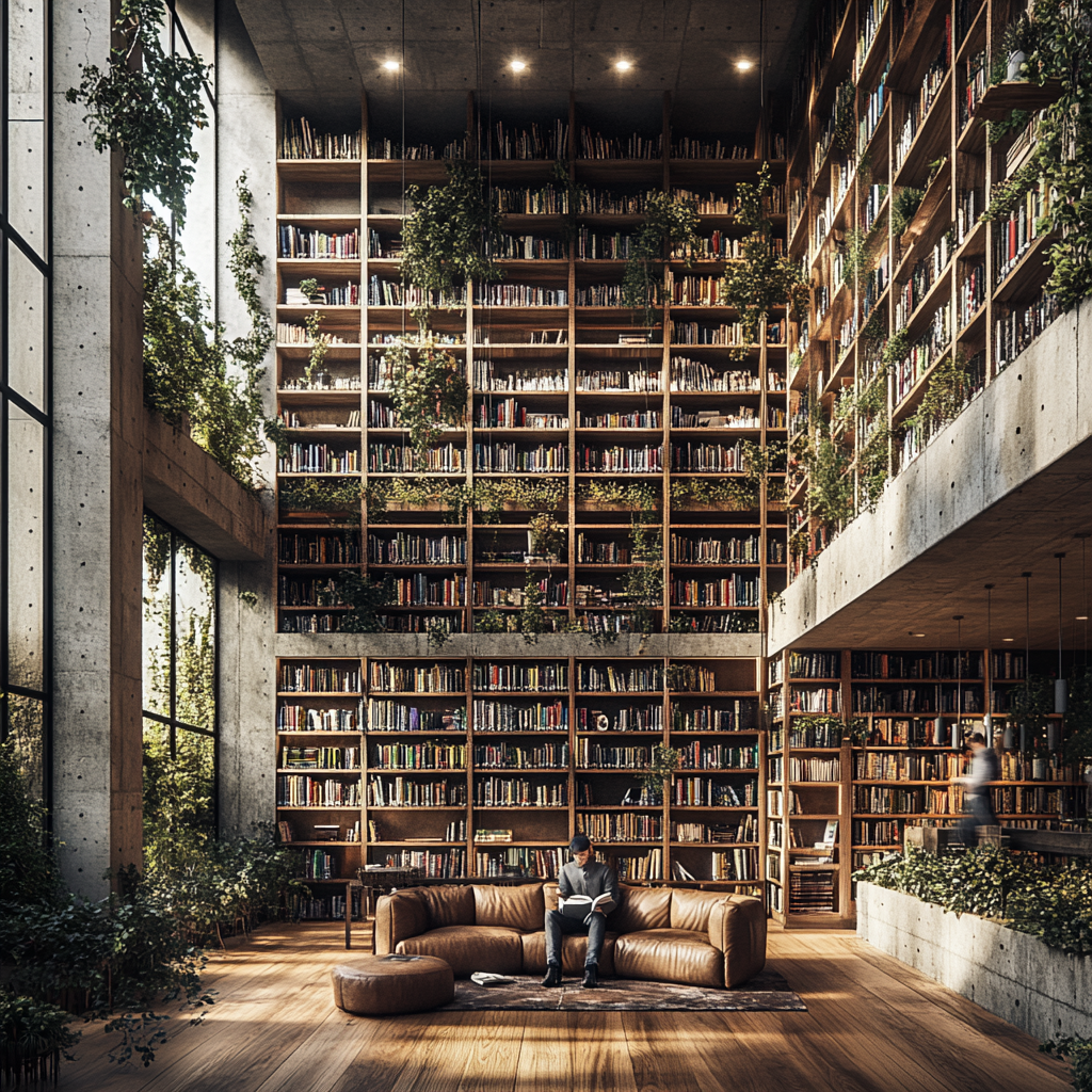 Library with man reading on sofa, plants hanging above.