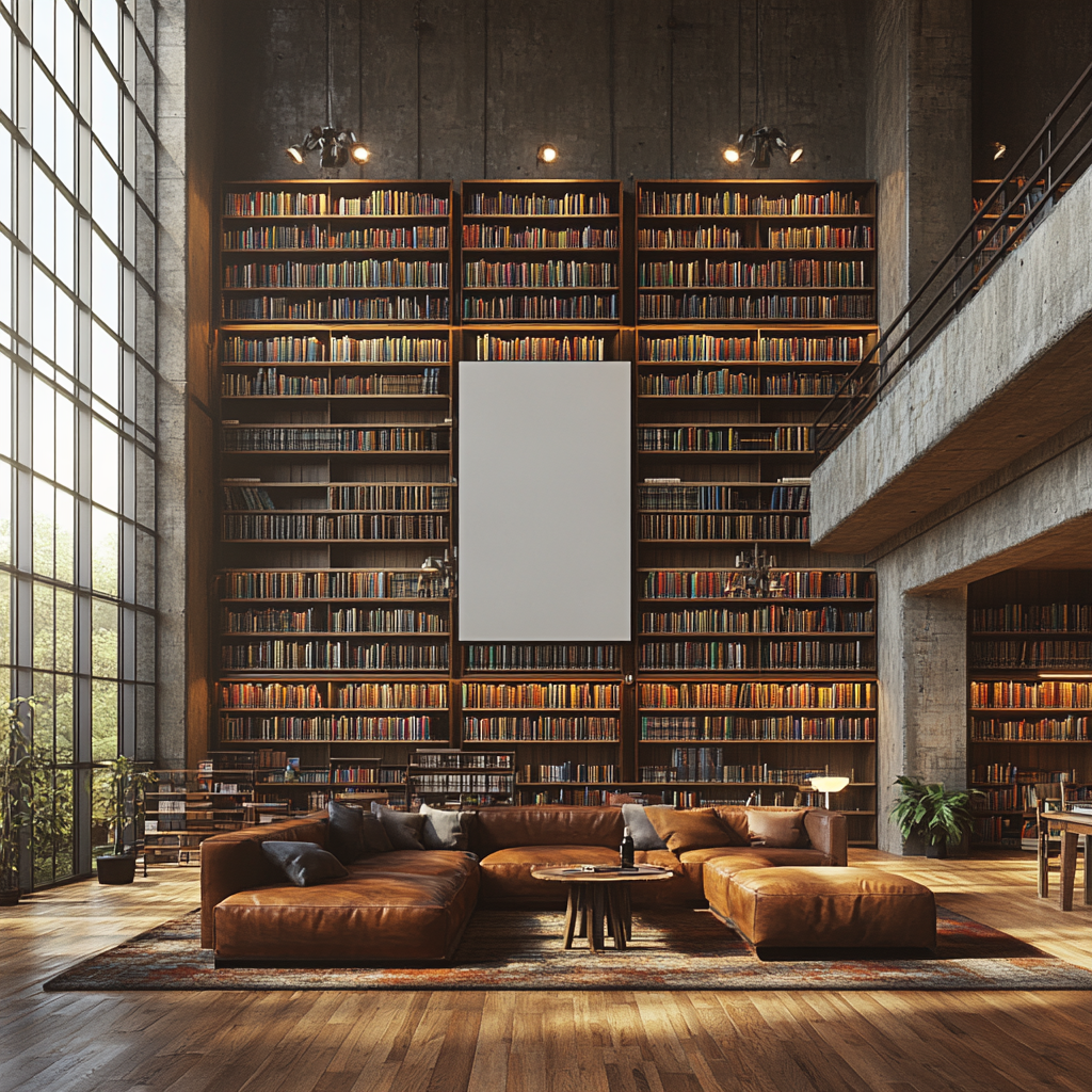 Library with wide bookshelves, white wall art, leather sofa.