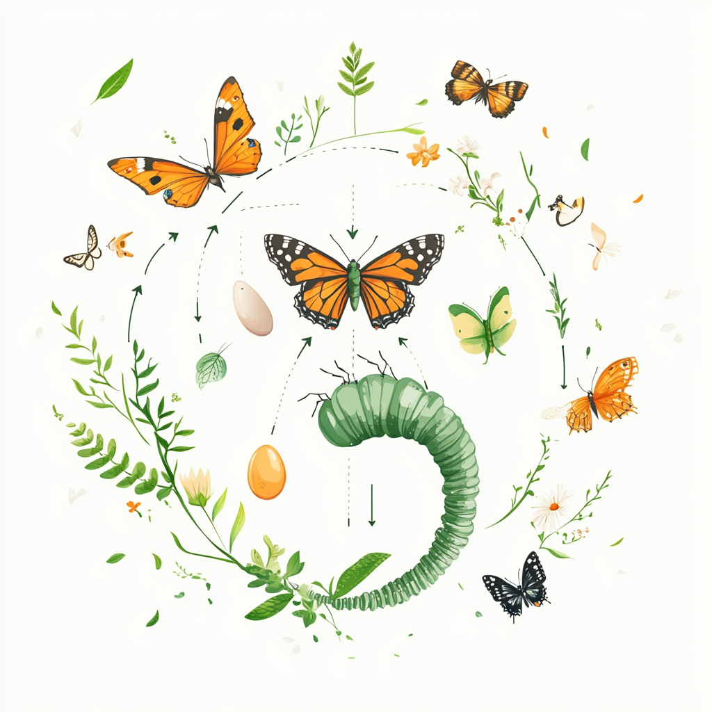 Life cycle of butterfly: egg, caterpillar, chrysalis, butterfly.