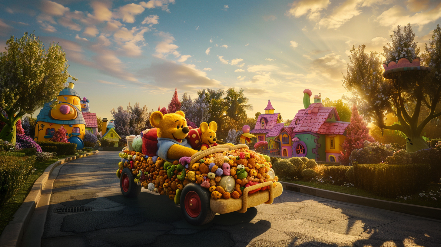 Life-sized car made of Disney plush toys drives.