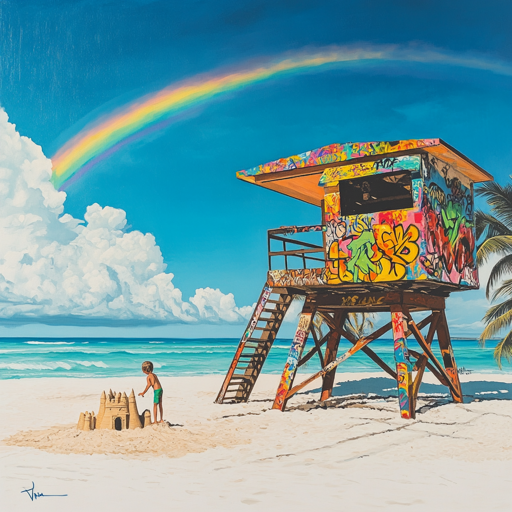 Lifeguard stand, graffiti mural, white sand beach, blue ocean.