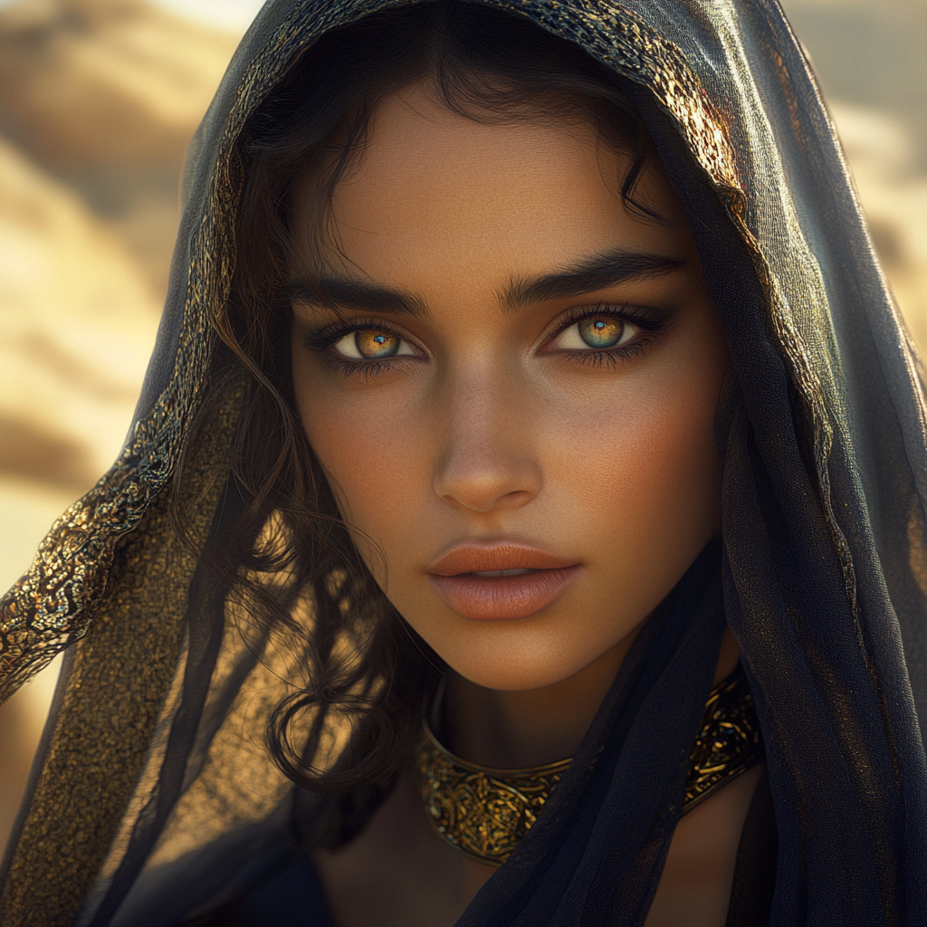 Lifelike prophetess with fierce expression in desert setting.