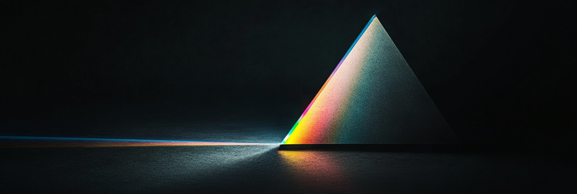 Light beam through prism creates colorful spectrum.