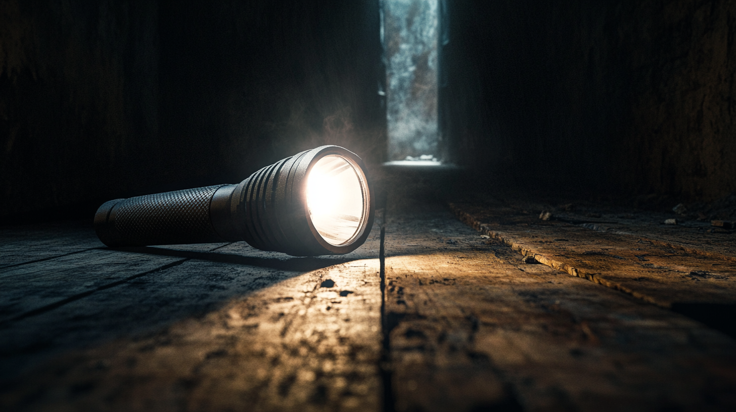 Light from flashlight illuminating dark passage on rustic floor