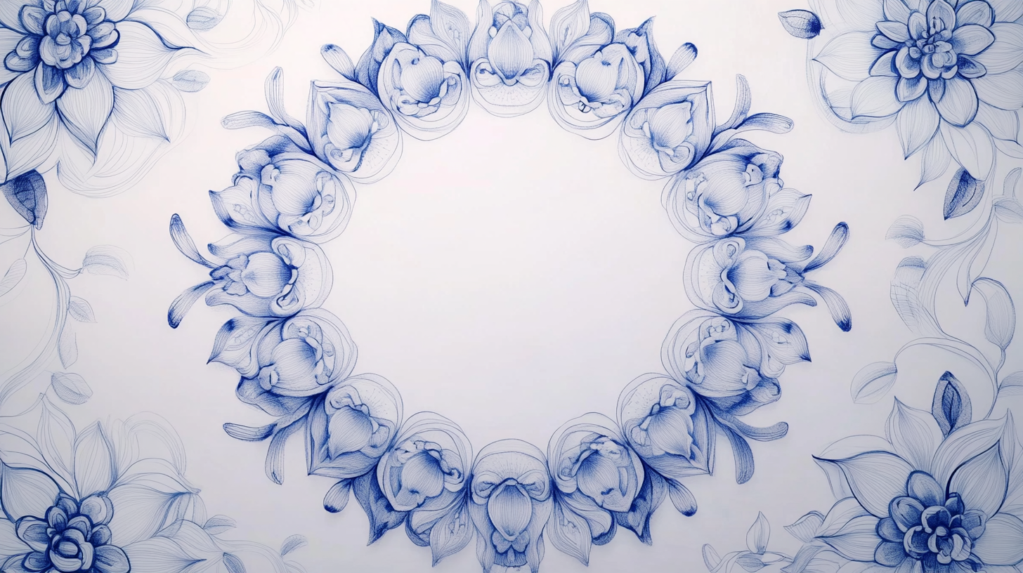 Light gray background, blue lotus patterns circling inward.