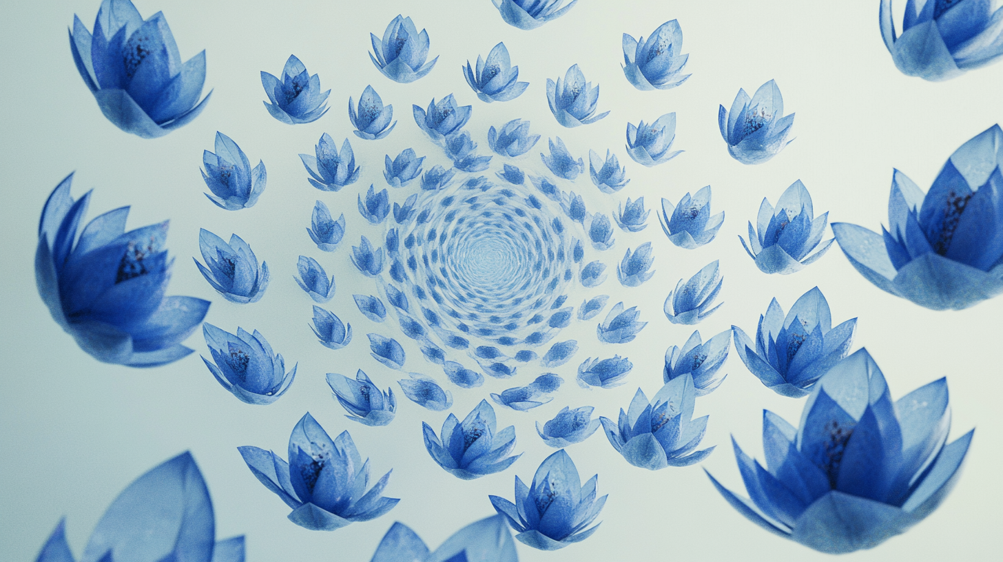 Light gray background, traditional blue lotus patterns, circle.