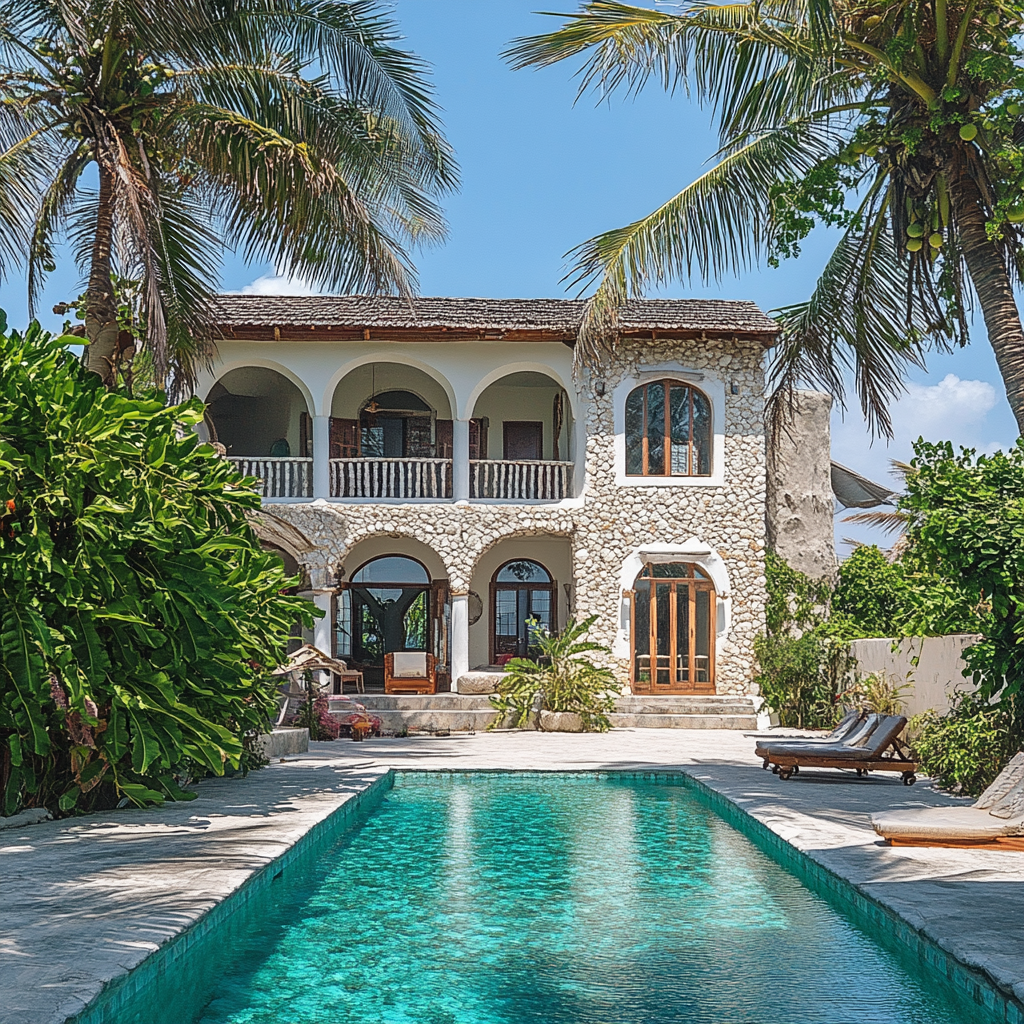 Light stone Ibiza style villa with turquoise pool by beach.