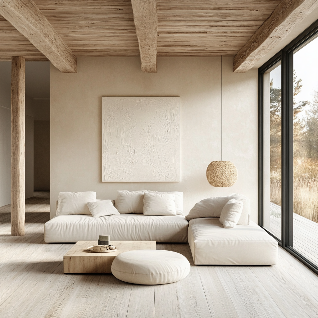 Light wood and neutral tones create airy, warm space.