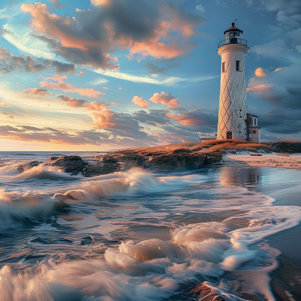 Lighthouse on rock with nice sky and waves.