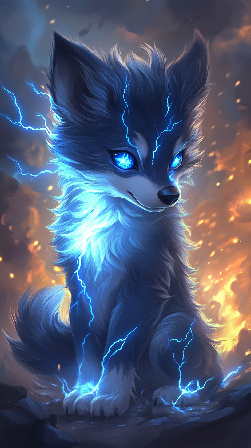 Lightning-powered chibi wolf with sparking fur in stormy sky.