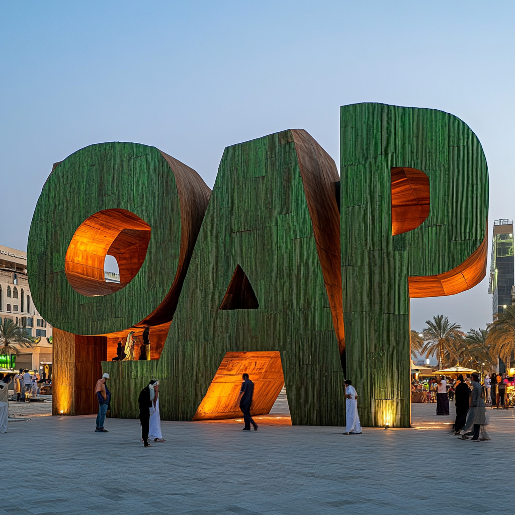 Lights shining on big letters 'ALBALAD FOOTBALL' in city.