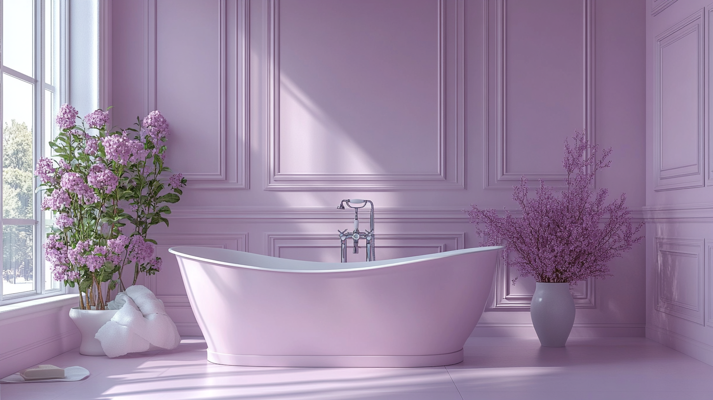 Lilac Love bathroom with white fixtures, floral motifs. Tranquil, romantic.