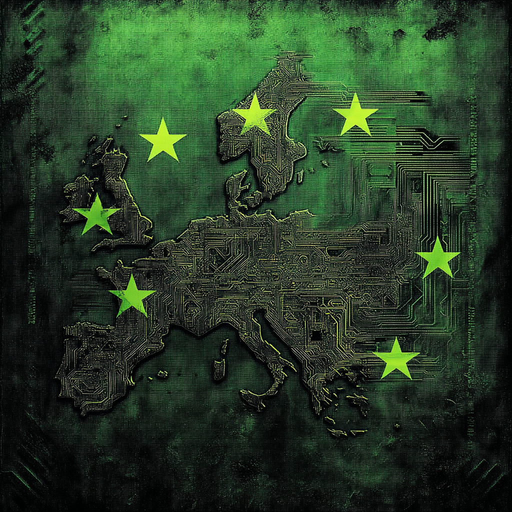 Lime green and black circuitry on European flag design.