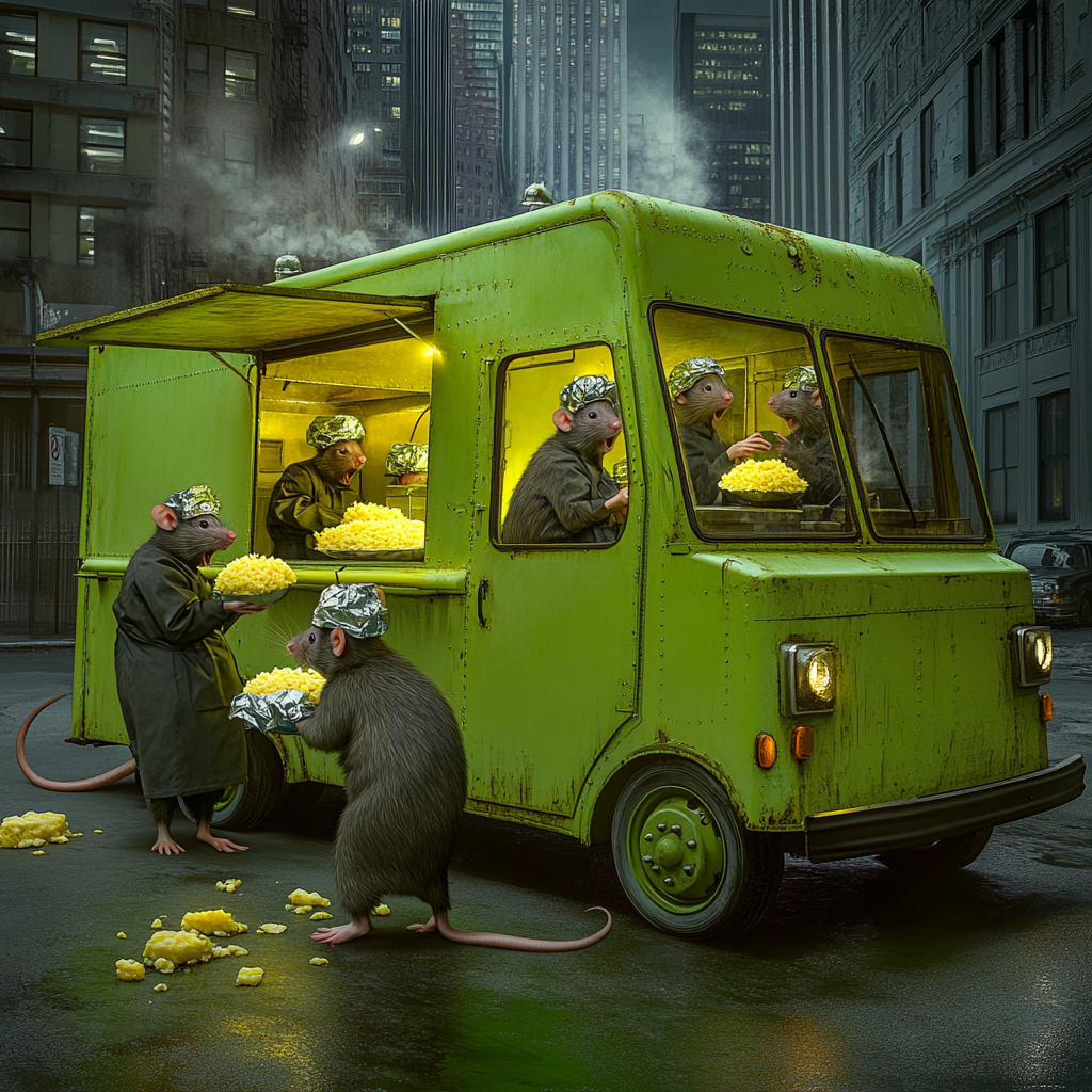 Lime green food truck with human-sized rat chefs serving cheese.