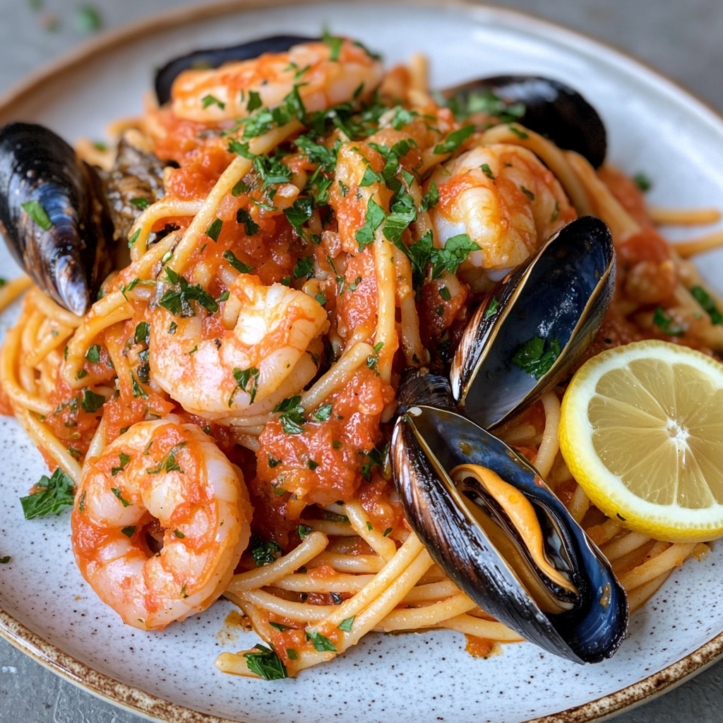 Linguine pasta with tomato sauce, shrimp, mussels, parsley.