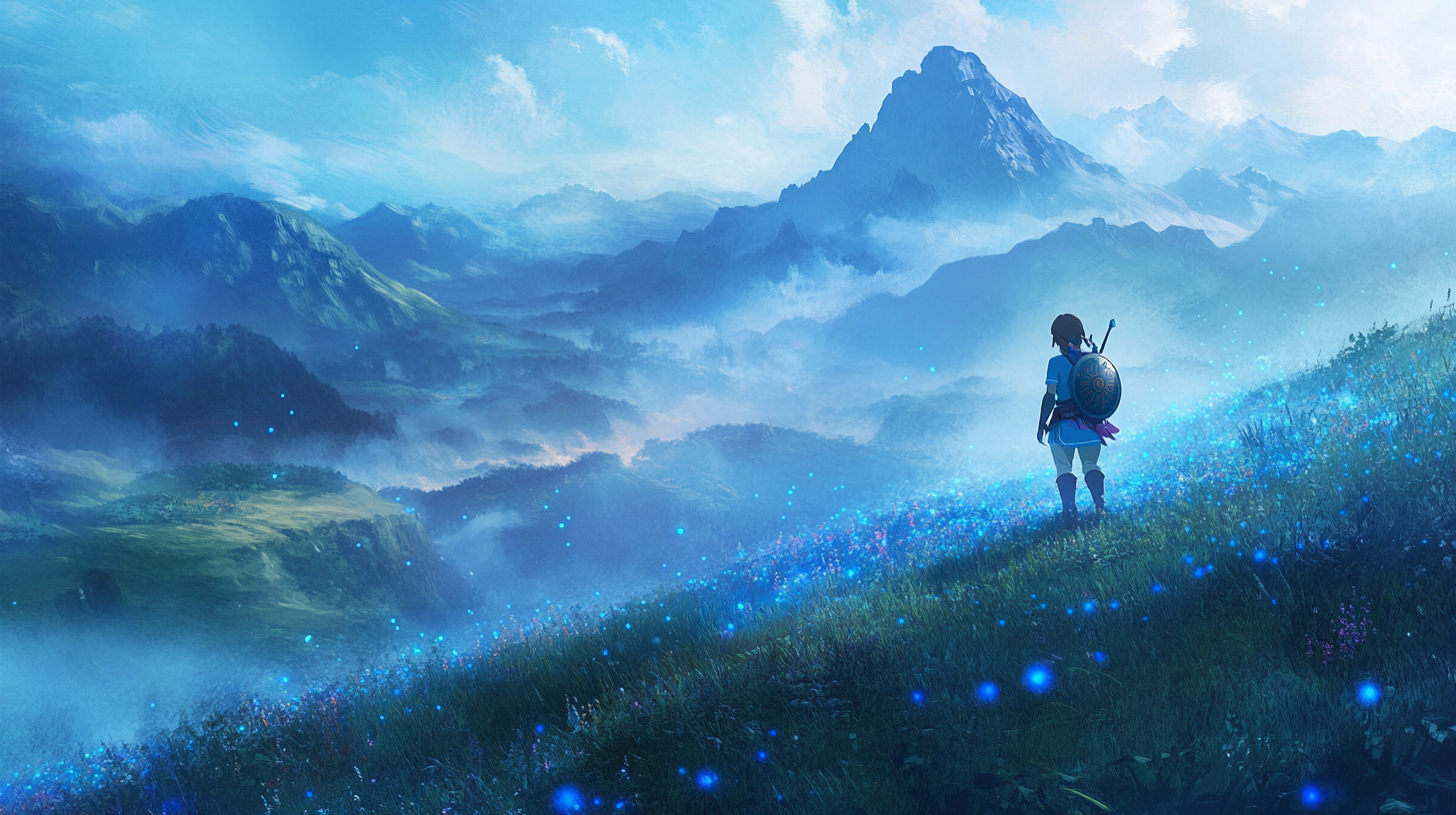 Link Exploring Dreamy Mountain Landscape with Blue Fireflies