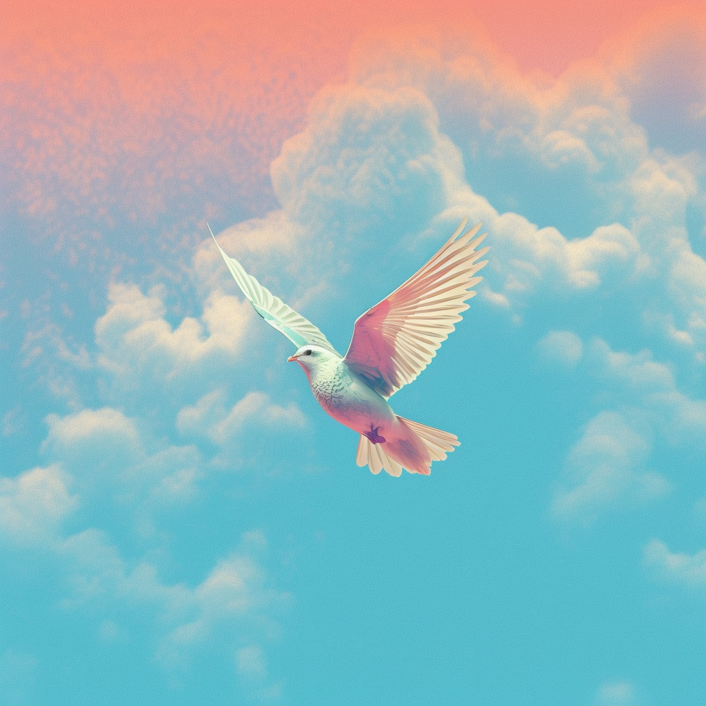LinkedIn banner with open skies, flying bird, pastel colors.