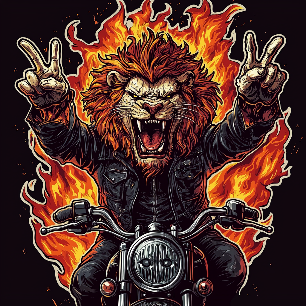 Lion sticker on bike in flames, hands rock horns.