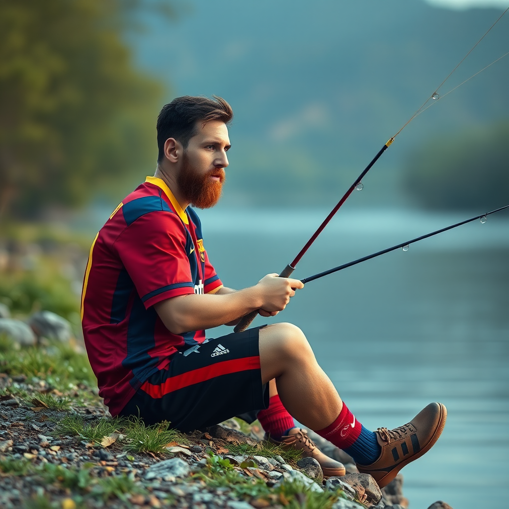 Lionel Messi in Barcelona Jersey Fishing by Riverside