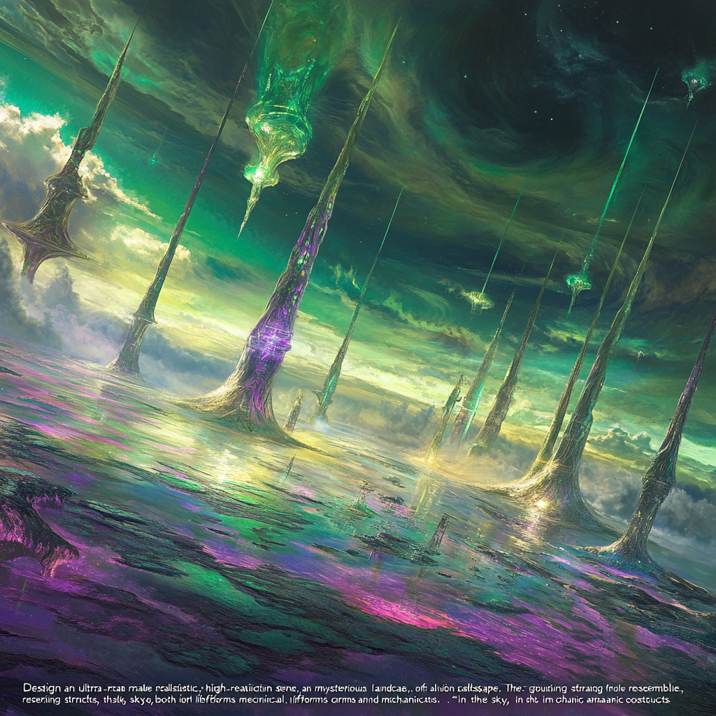 Liquid metal landscape with mysterious alien structures and vibrant skies.