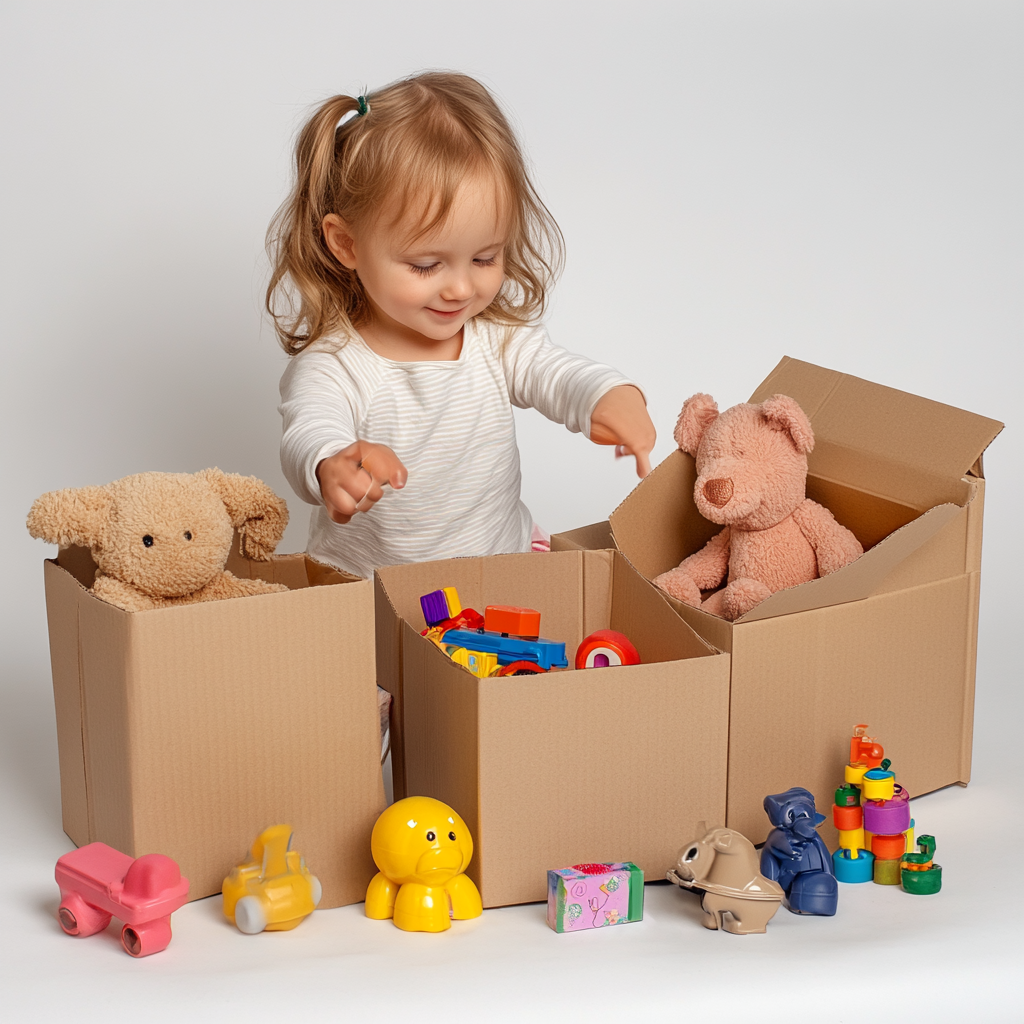 Little Girl Sorts Toys into S, M, L Boxes 