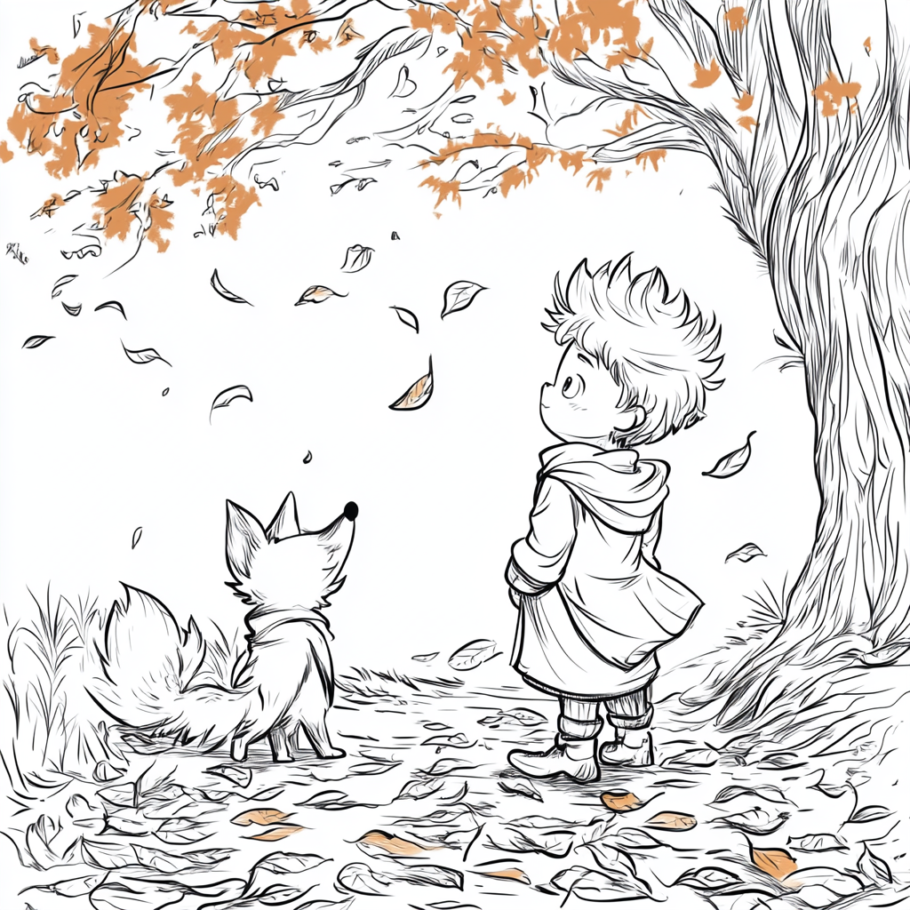 Little Prince & Fox Coloring Page: Simplified Autumn Design