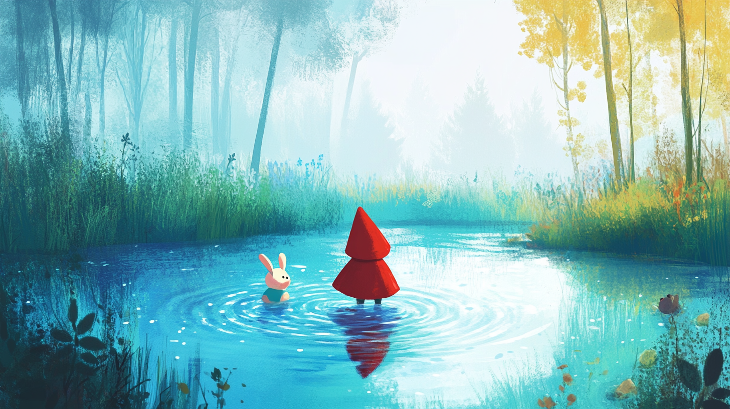 Little Red Riding Hood and Bunny by lake smiling.