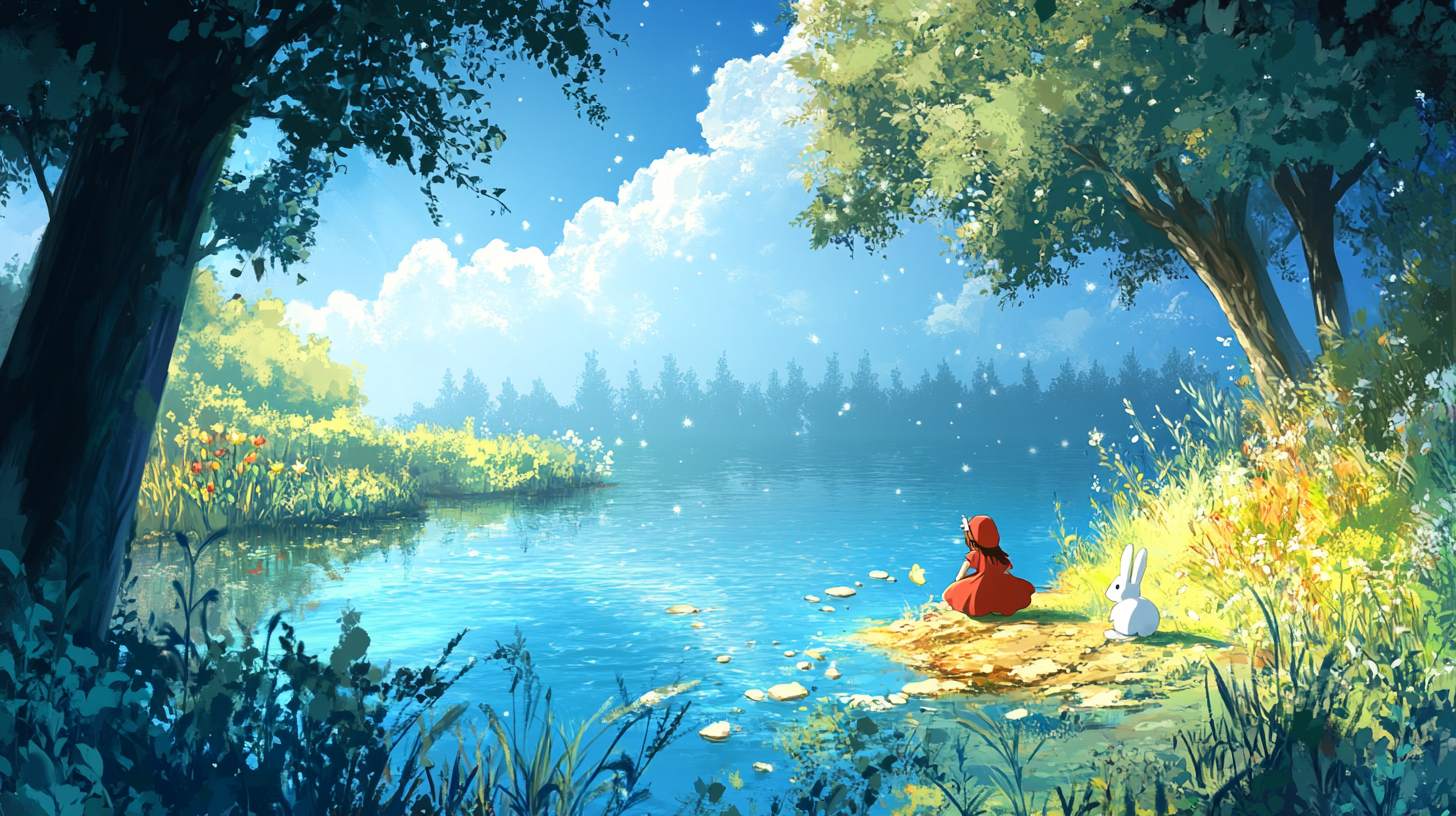 Little Red Riding Hood and Bunny happily play near lake.