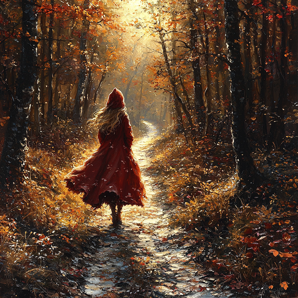 Little Red Riding Hood embarks on a tranquil journey.