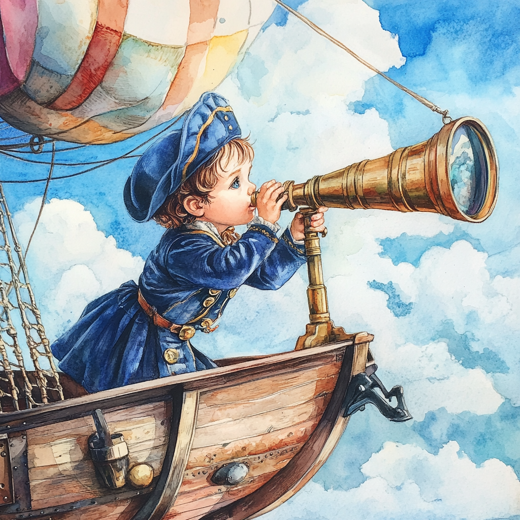 Little boy in blue sailor hat looks through telescope.