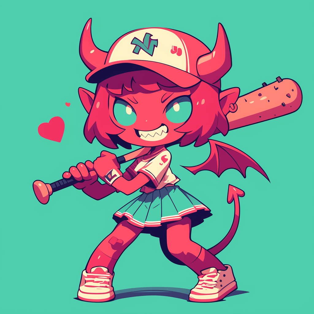 Little devil girl in baseball outfit smiles - vector sticker