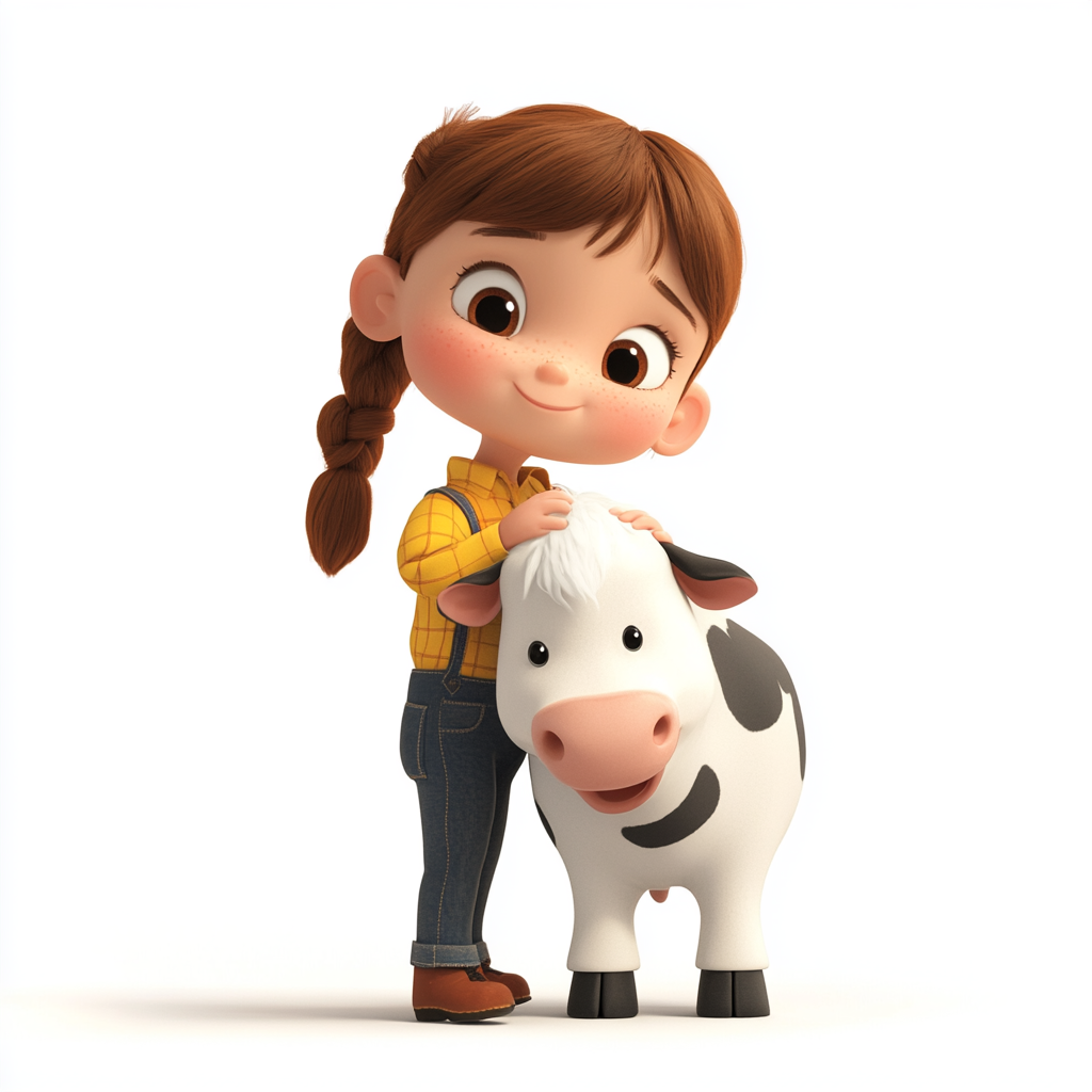 Little farm girl milking cow in animation