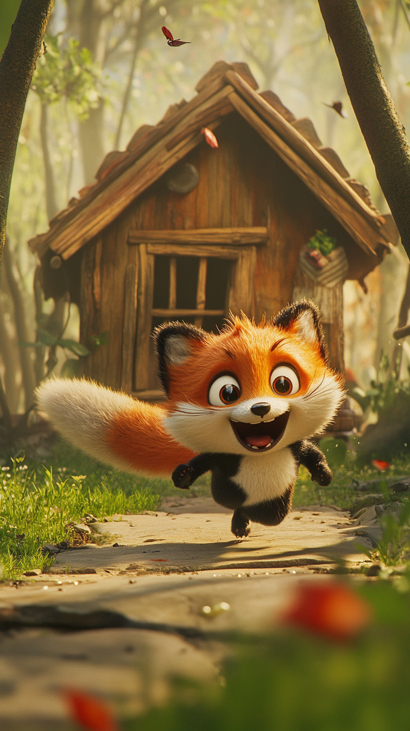 Little fox runs towards house, panda follows closely behind.