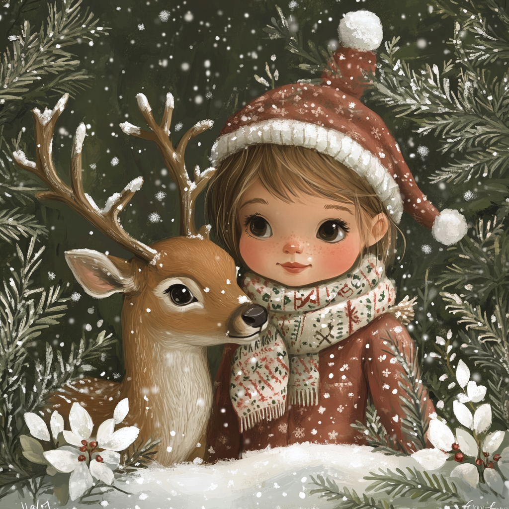 Little girl and deer in snow with scarves.