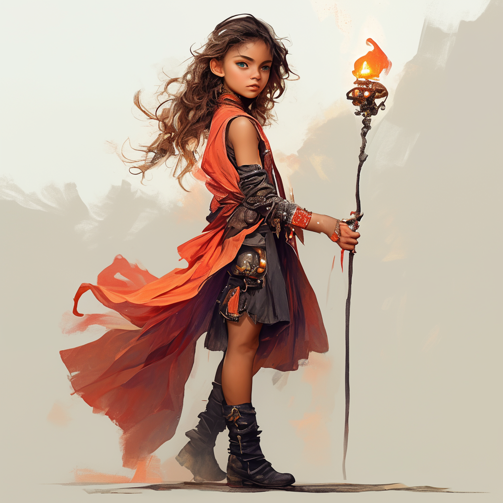 Little girl dressed as dark princess, holding magic staff.