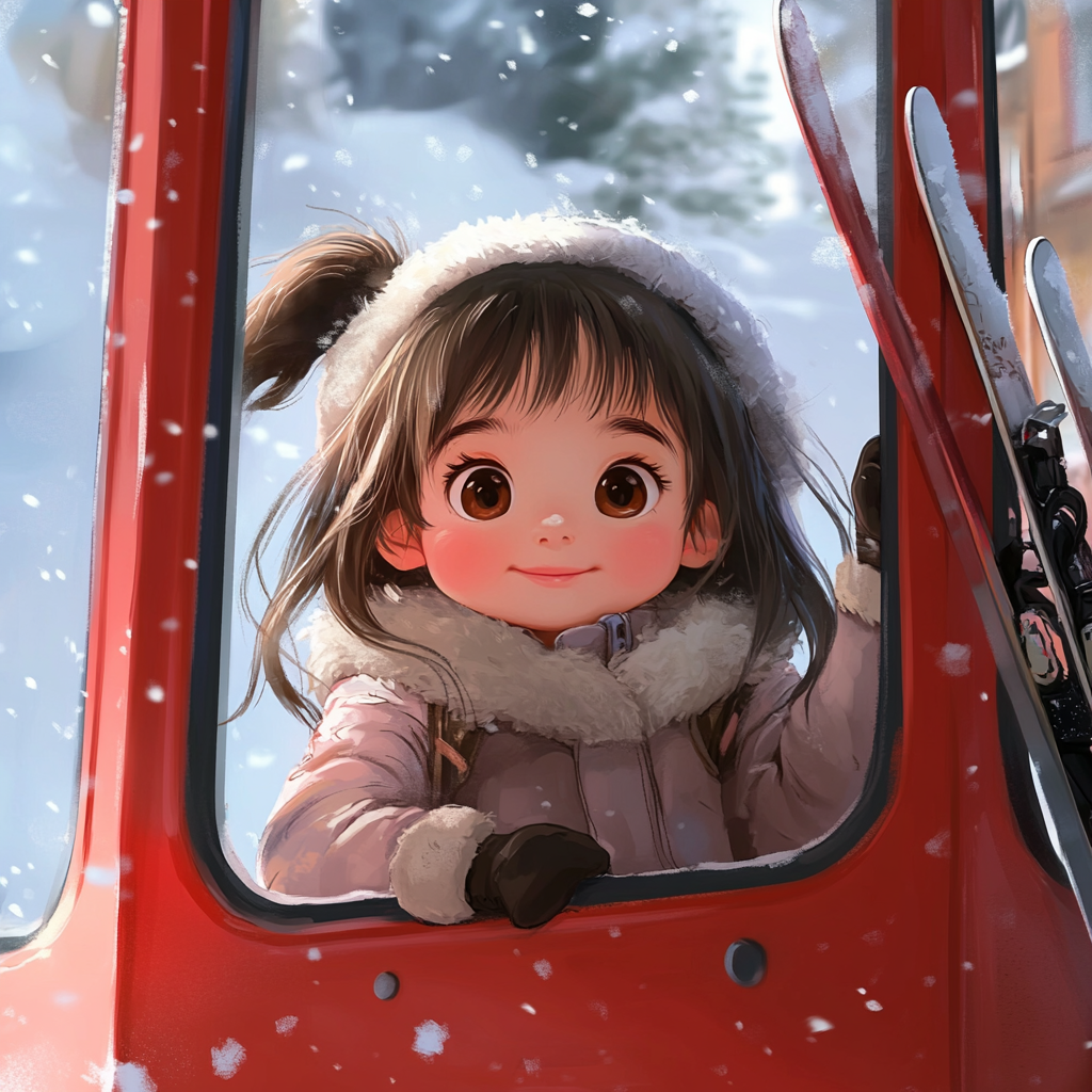 Little girl in ski jacket riding red gondola.