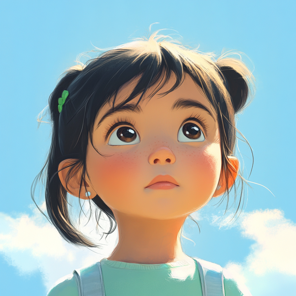 Little girl looks toward camera in cartoon style.