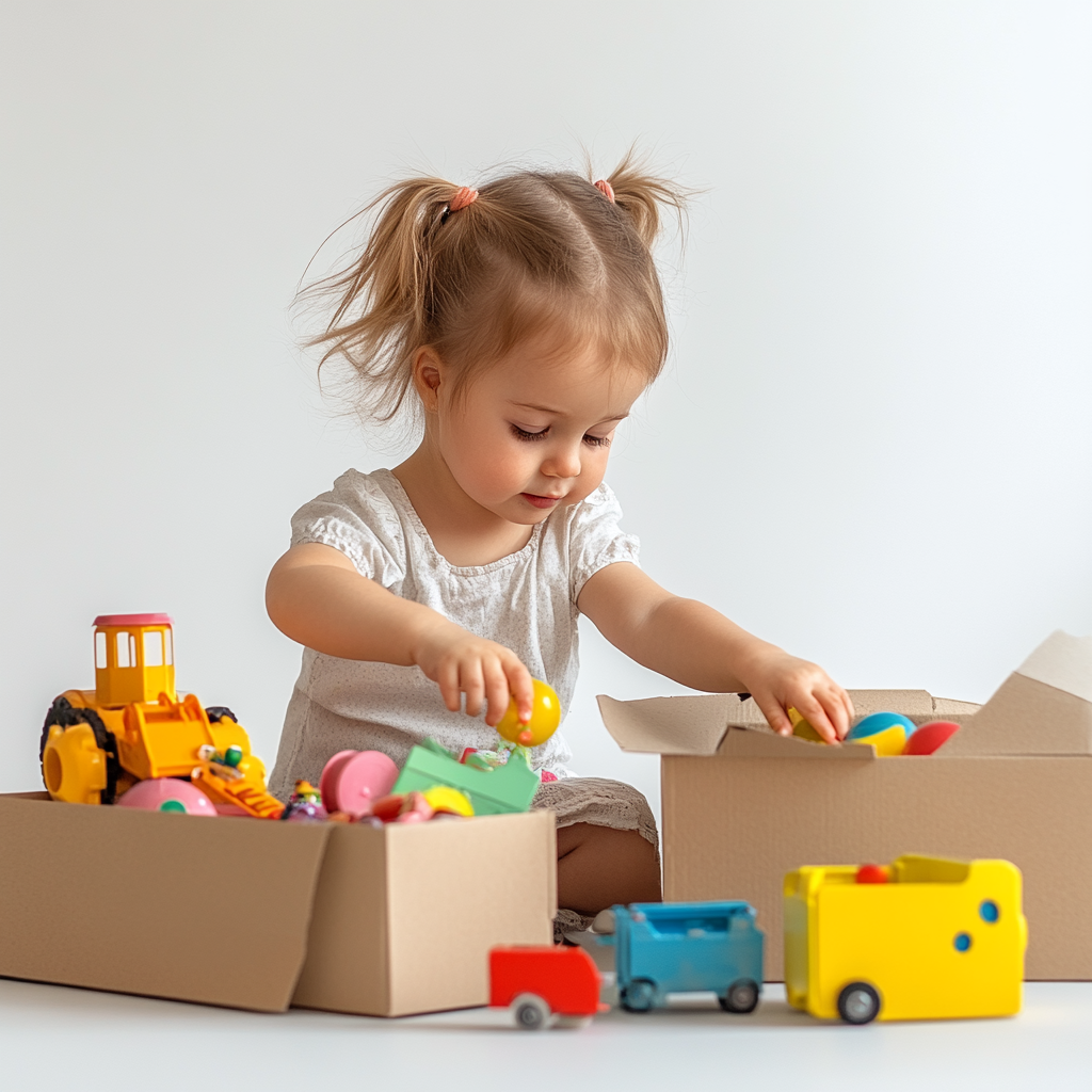 Little girl organizes toys in different sized boxes 