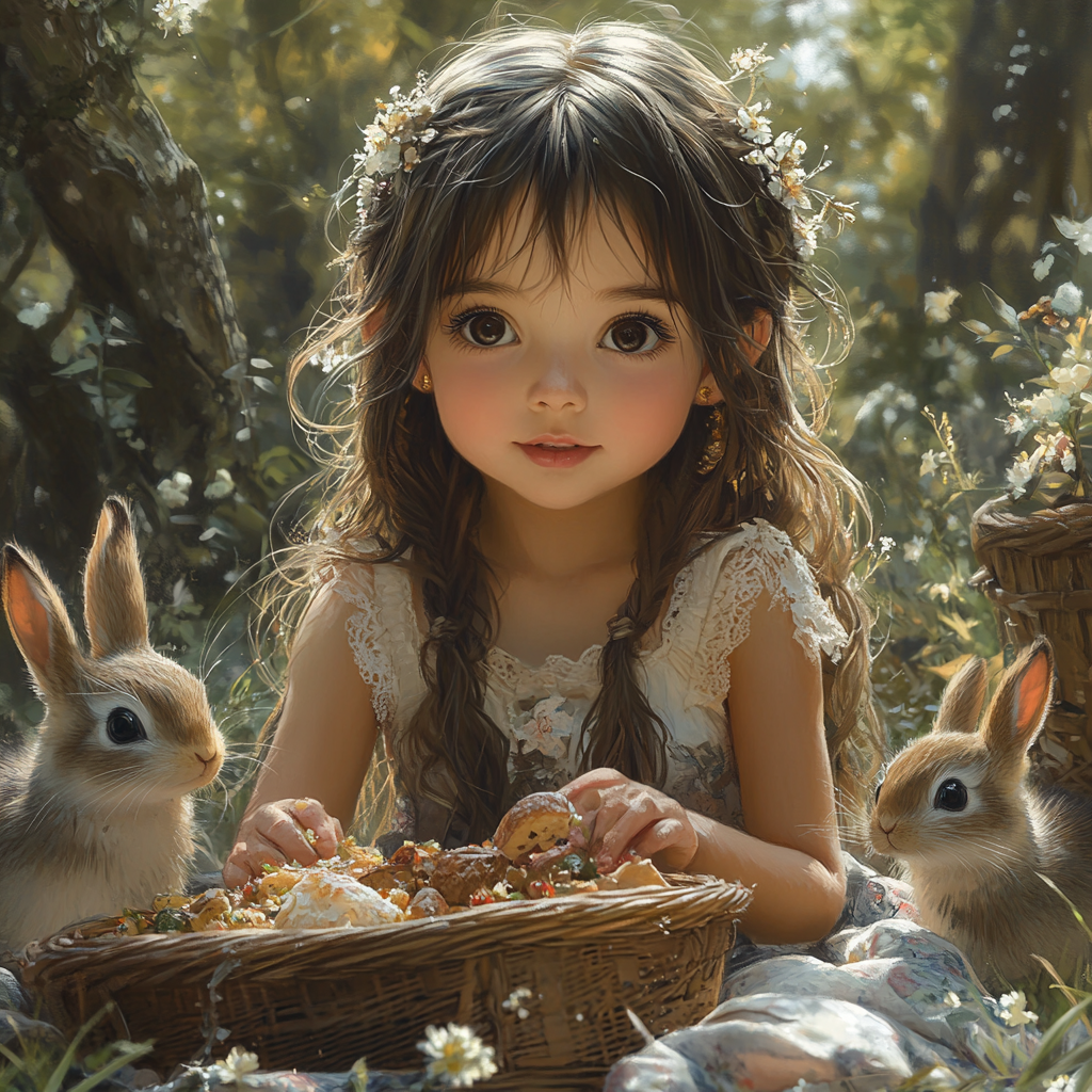 Little girl with picnic basket enjoying forest picnic.