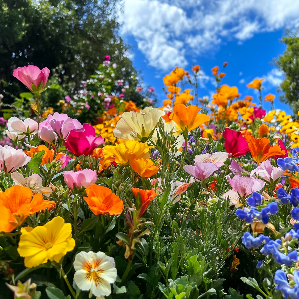 Lively garden with colorful flowers under sunny skies 