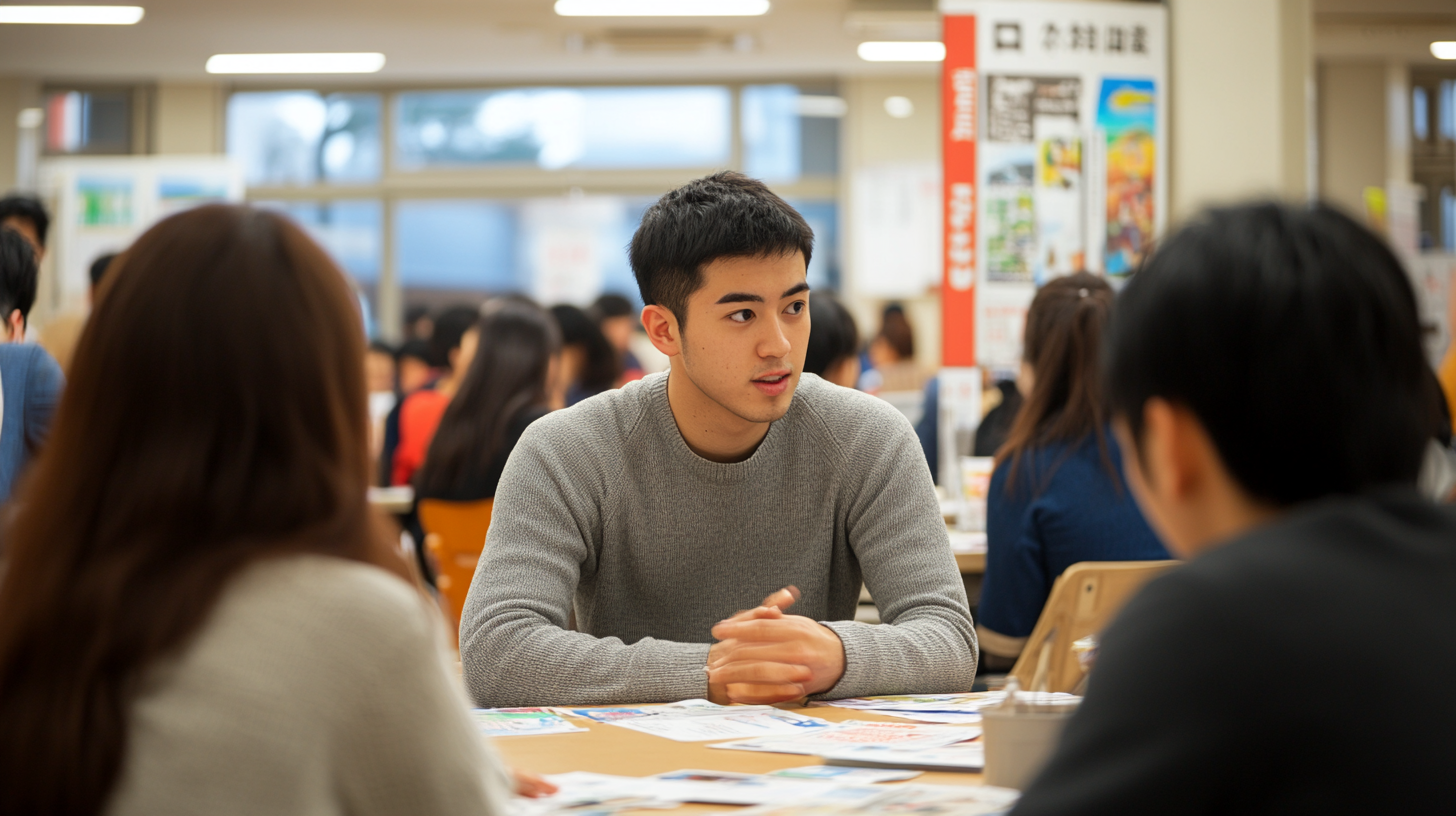 Lively indoor event in Japan promoting regional relocation.