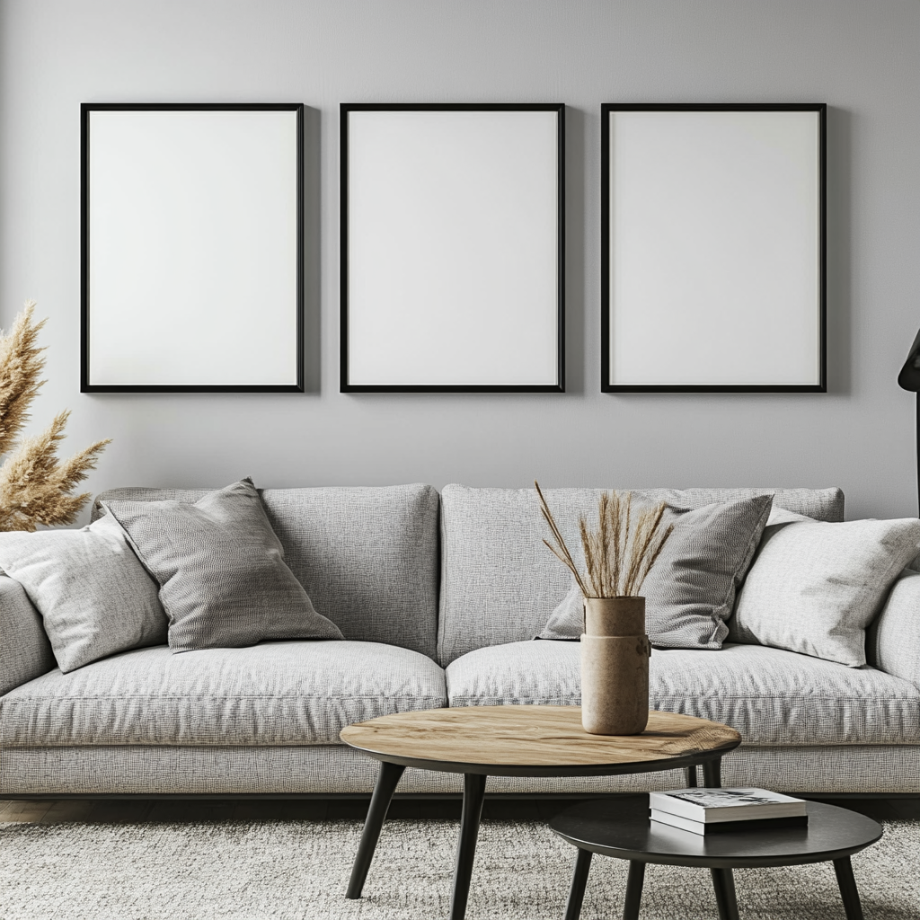 Living room mockup with 3×4 picture frames, grey tones.