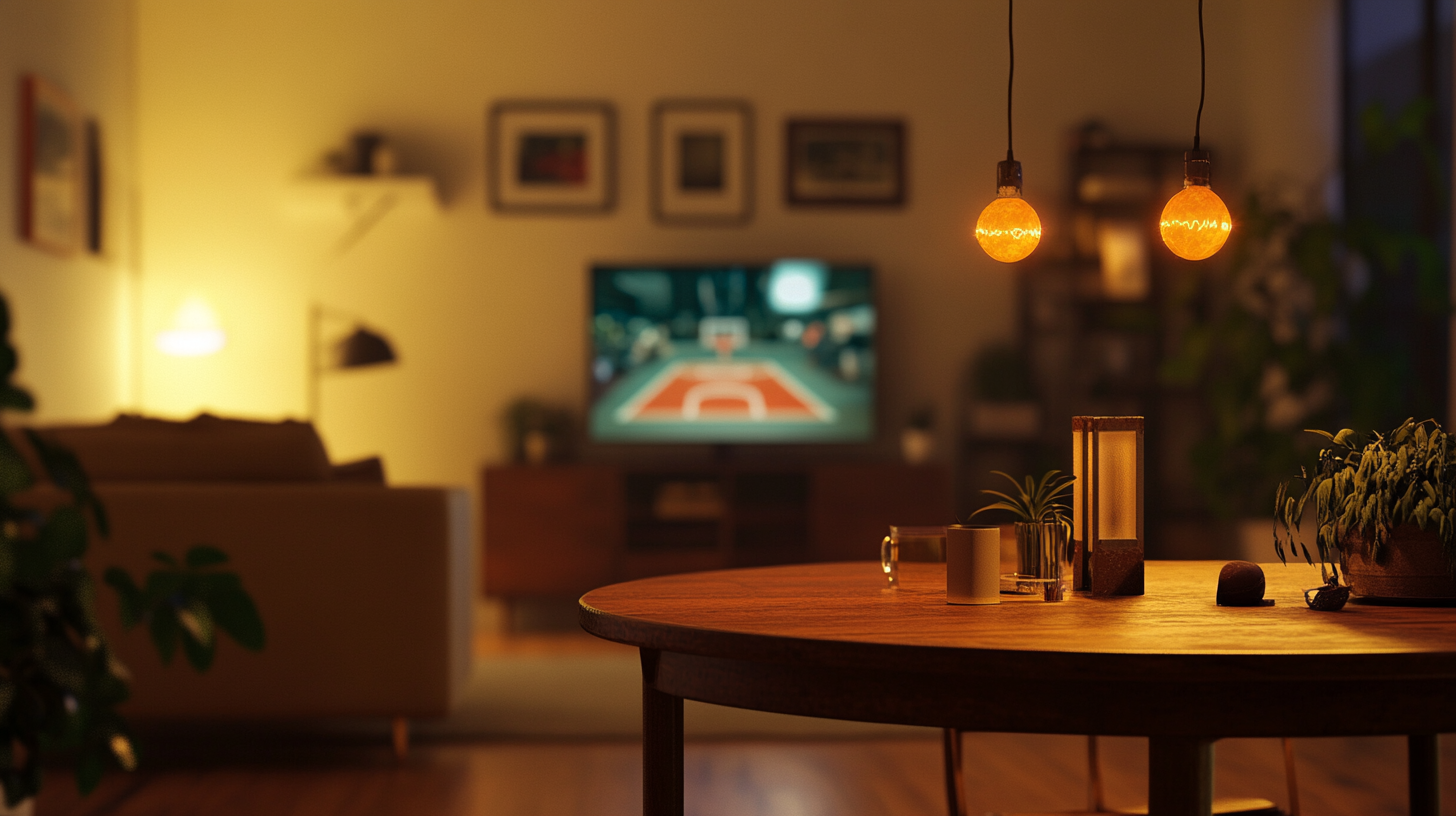 Living room with basketball game on TV, nostalgic setting.