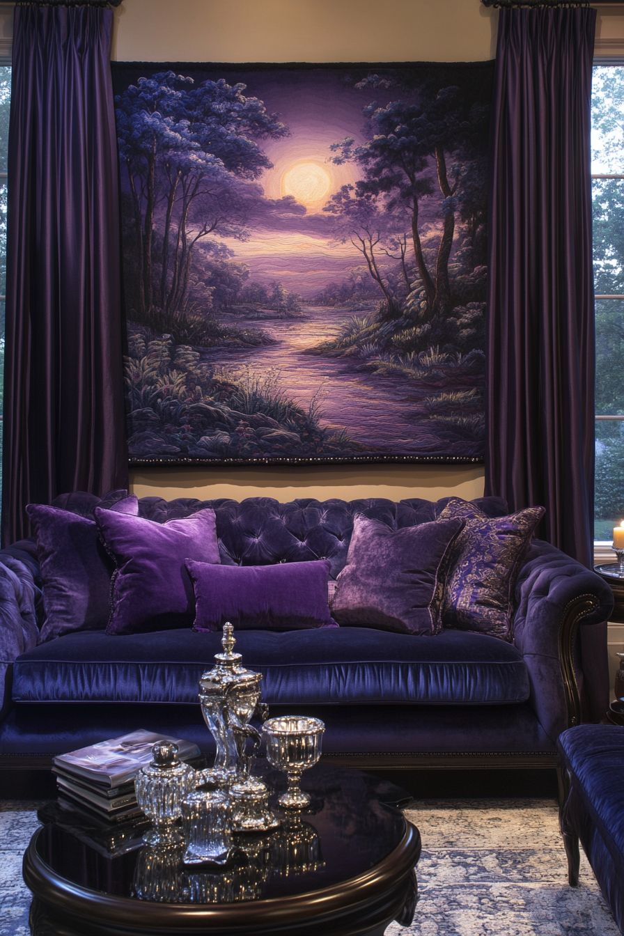 Living room with twilight theme, serene and dreamy.