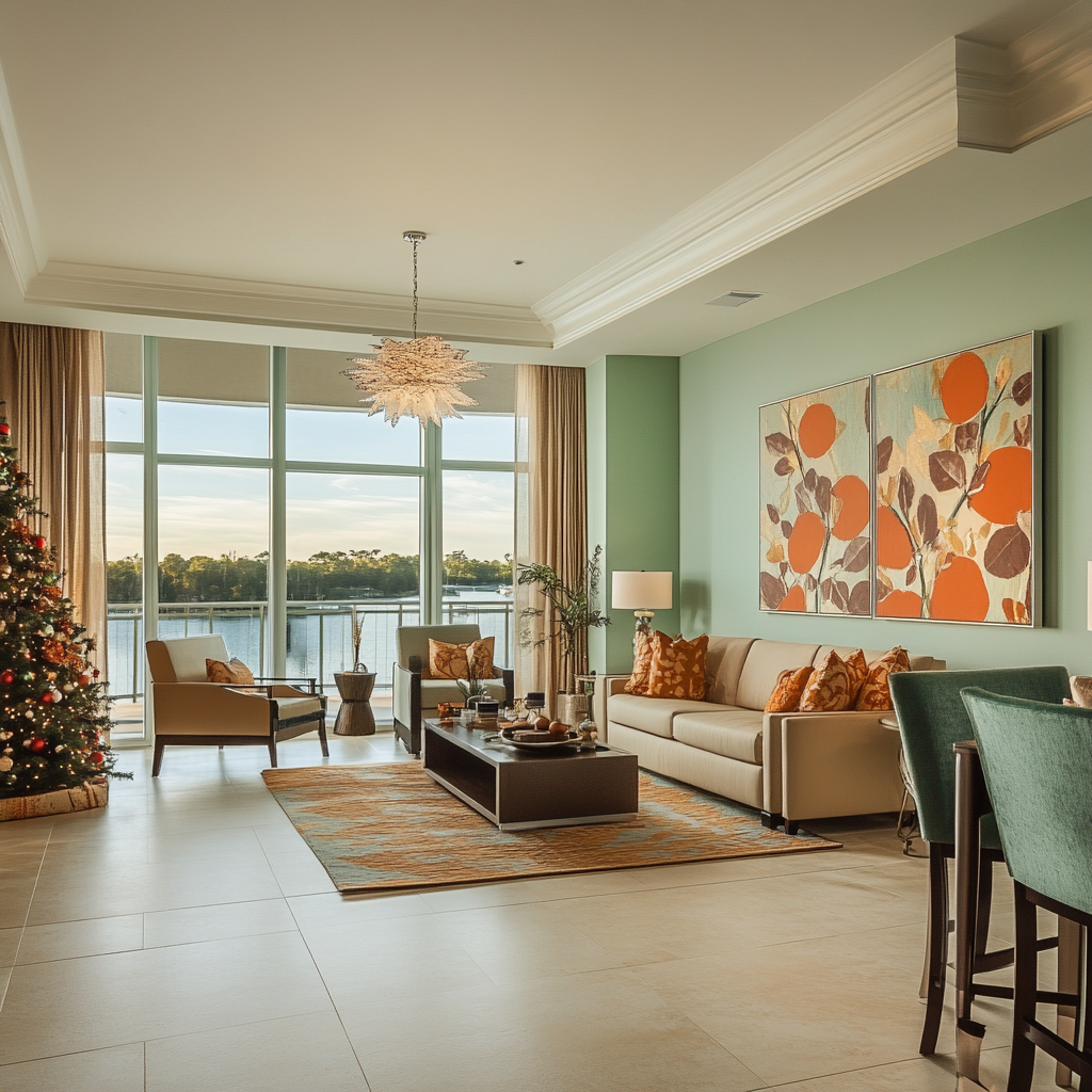 Living/kitchen/dining area with balconies, green walls, classic modern.