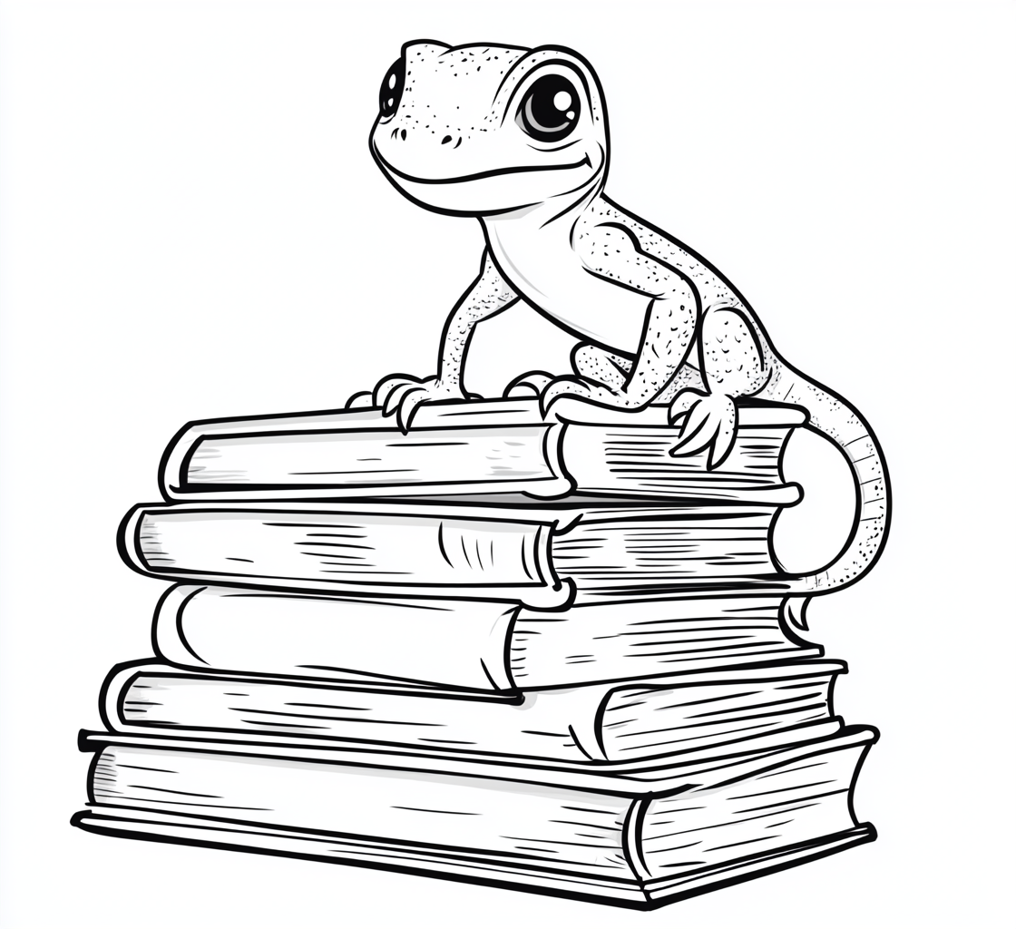 Lizard climbing books, simple line art coloring page.