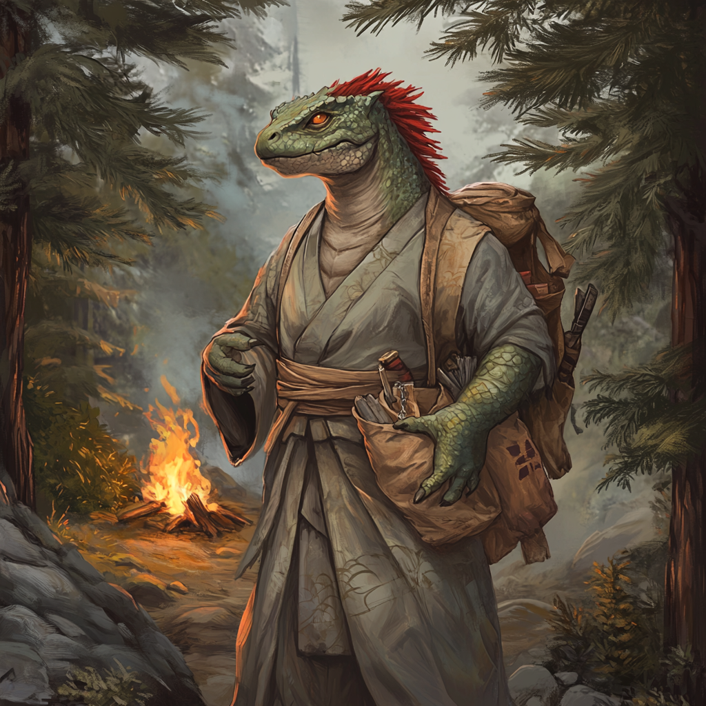 Lizardfolk warrior in robe with red frills. Campfire background.