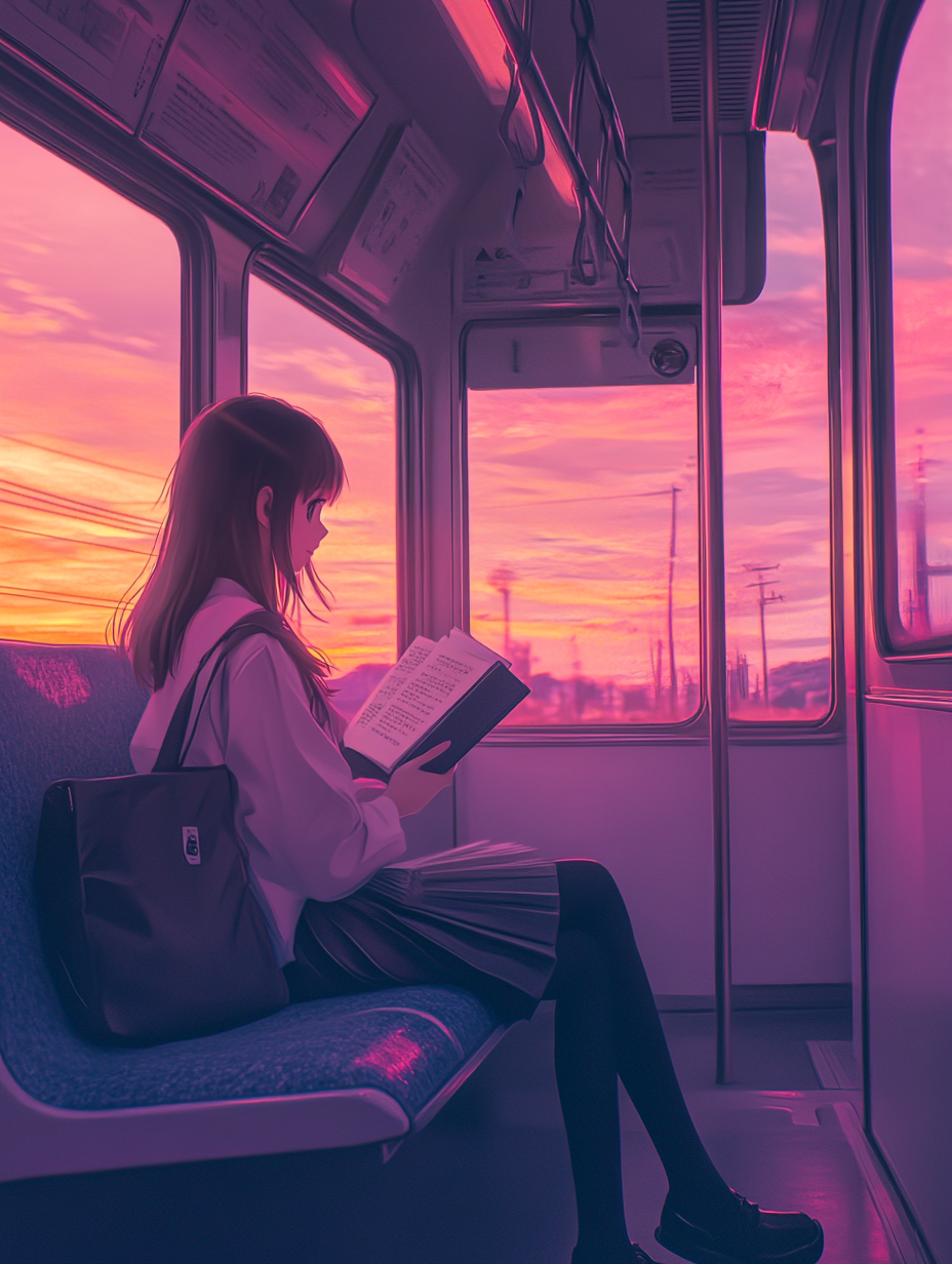 Lo-fi anime girl reading book on train at sunset.