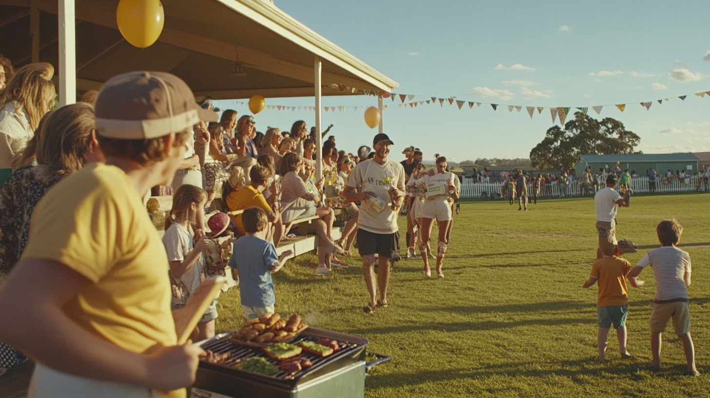 Local cricket match with diverse crowd, food, and cheers.